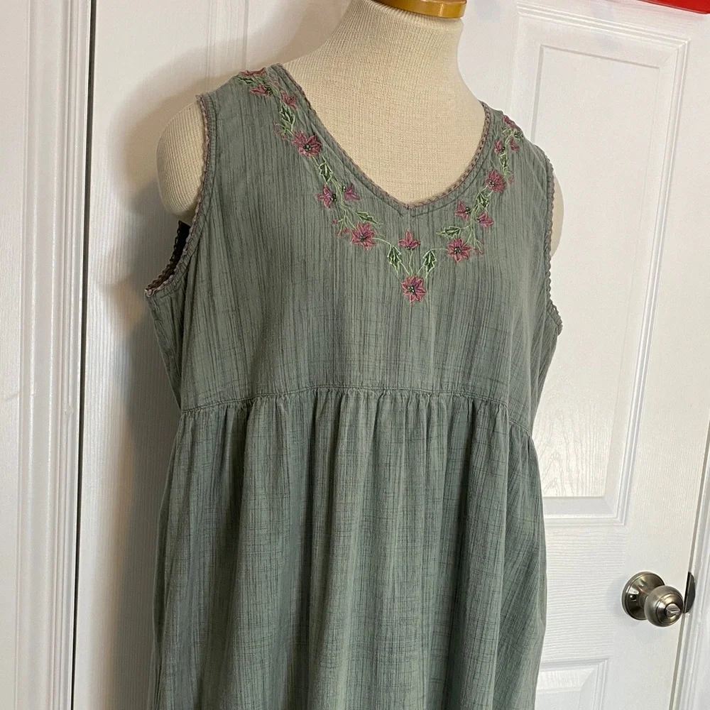 Vintage April Cornell Sage Cotton Embroidered Maxi Dress Cottagecore L - Picture 3 of 15